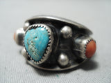 Wonderful Vintage Native American Navajo Turquoise & Coral Sterling Silver Ring-Nativo Arts