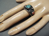 Wonderful Vintage Native American Navajo Turquoise & Coral Sterling Silver Ring-Nativo Arts
