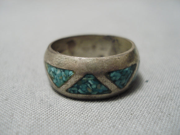 Wonderful Vintage Native American Navajo Turquoise Inlaid Sterling Silver Thick Ring Old-Nativo Arts