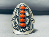 Fabulous Native American Navajo 5 Corals Sterling Silver Immense Ring-Nativo Arts