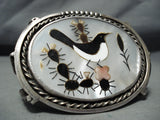 Native American Biggest Crazy Heavy Vintage Navajo Sterling Silver Bird Inlay Bracelet Old-Nativo Arts