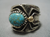Important 14k Gold Vintage Native American Navajo Spiderweb Turquoise Sterling Silver Ring-Nativo Arts