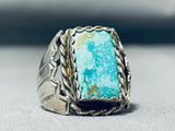 Striking Vintage Native American Navajo Pilot Mountain Turquoise Sterling Silver Ring-Nativo Arts