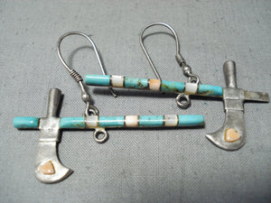 Detailed Vintage Native American Navajo Turquoise Sterling Silver Axe Earrings-Nativo Arts