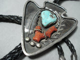 Exceptional Vintage Native American Navajo Old Kingman Turquoise Coral Sterling Silver Bolo Old-Nativo Arts