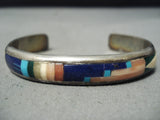 Native American Detailed Vintage Navajo Turquoise Lapis Sterling Silver Inlay Bracelet-Nativo Arts
