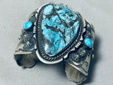 Colossal Native American Navajo Blue Diamond Turquoise Sterling Silver Repoussed Bracelet-Nativo Arts