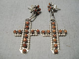 Exceptional Vintage Native American Navajo Coral Sterling Silver Earrings Old-Nativo Arts