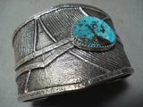 Heavy Navajo Native American Old Kingman Turquoise Sterling Silver Bracelet-Nativo Arts