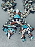 Native American Rare Vintage Navajo Inlay Turquoise Sterling Silver Squash Blossom Necklace-Nativo Arts