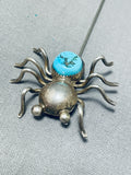 Native American Impressive Vintage Signed Morenci Turquoise Sterling Silver Spider Hat Pin-Nativo Arts