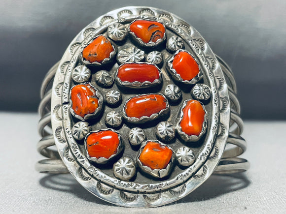 One Of The Best Vintage Native American Navajo Coral Cluster Sterling Silver Bracelet-Nativo Arts