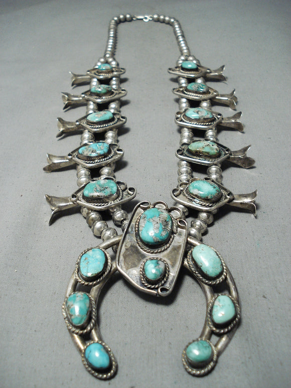 Women's Sturdy Vintage Native American Navajo Turquoise Sterling Silver Squash Blossom Necklace-Nativo Arts