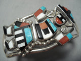 Intricate Dancing Kachina Vintage Native American Zuni Turquoise Sterling Silver Bracelet-Nativo Arts
