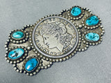 Spectacular Vintage Native American Navajo Morenci Turquoise Sterling Silver Coin Pin-Nativo Arts