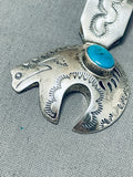 Fantastic Native American Navajo Blue Gem Turquoise Sterling Silver Bear Necklace-Nativo Arts