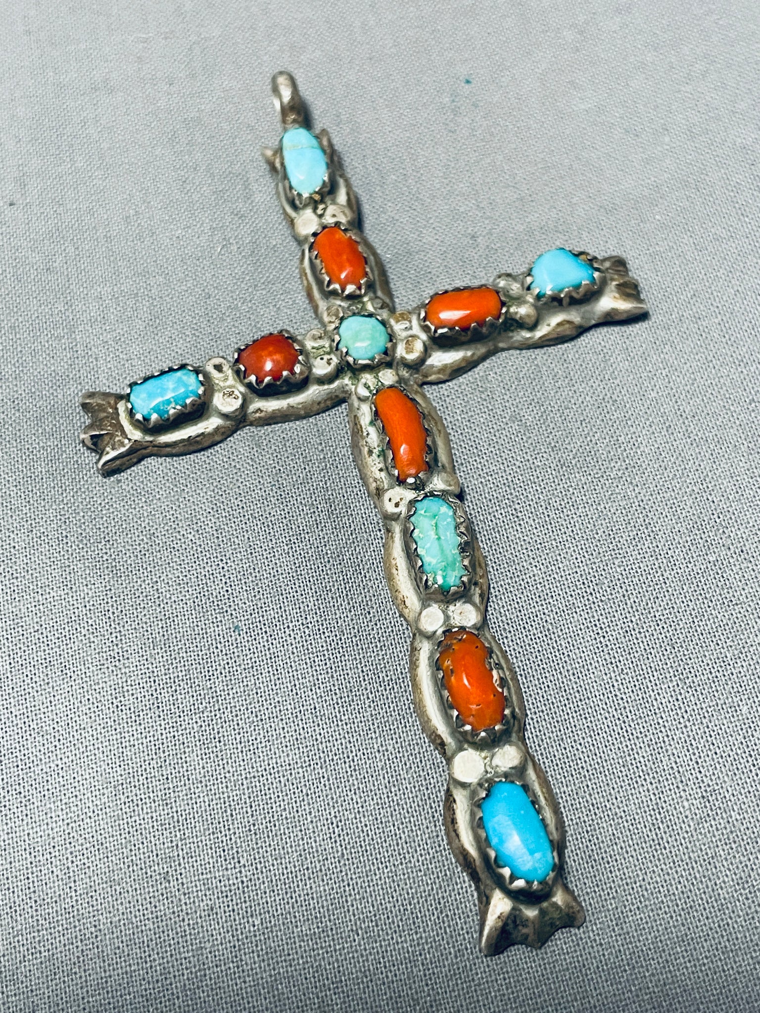 Turquoise, Coral, Mother of Pearl with Handmade Silver Cross Necklace -  Fatto a Mano Antiques