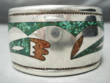 Huge Heavy Hand Tooled Vintage Native American Navajo Green Turquoise Sterling Silver Bracelet-Nativo Arts