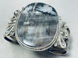 One Of The Finest Vintage Native American Navajo Black Petrified Wood Sterling Silver Bracelet-Nativo Arts