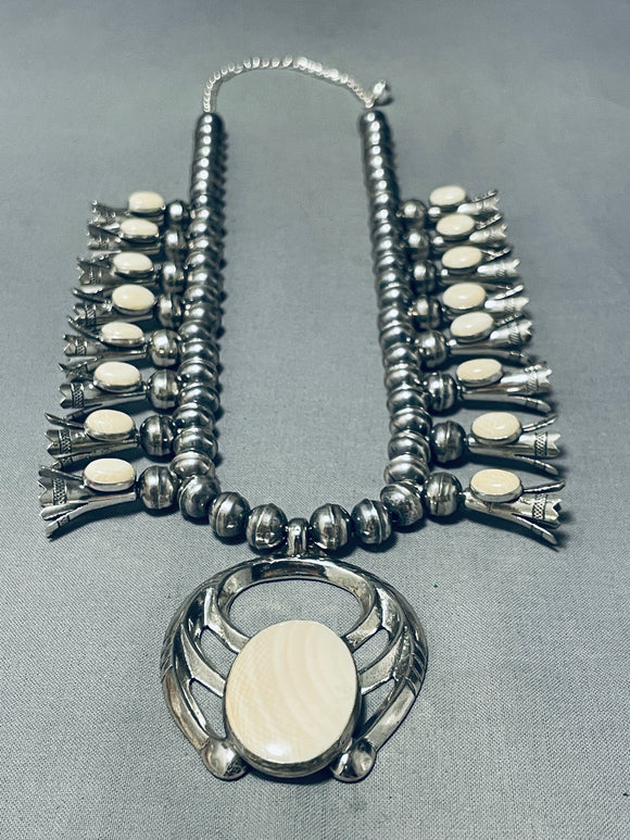 Powerful Vintage Native American Navajo White Stone Sterling Silver Squash Blossom Necklace-Nativo Arts