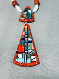 Native American One Of The Most Unique Santo Domingo Coral Sterling Silver Inlay Necklace-Nativo Arts