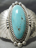 Striking Vintage Native American Navajo Blue Gem Turquoise Sterling Silver Flanked Bracelet Old-Nativo Arts