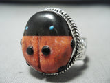 Rare Ladybug Native American Navajo Ben Begaye (d.) Turquoise Coral Sterling Silver Ring-Nativo Arts