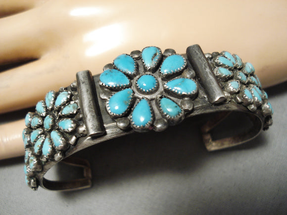 Superior Vintage Native American Navajo Flower Turquoise Sterling Silver Bracelet Old-Nativo Arts