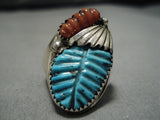 Superior Vintage Zuni Native American Navajo Turquoise Coral Sterling Silver Ring Old-Nativo Arts