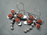 Exquisite Native American Navajo Coral Sterling Silver Dragonfly Earrings-Nativo Arts