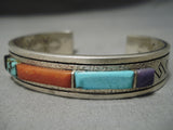 Important Irvin Tso Vintage Native American Navajo Etch Sterling Silver Turquoise Inlay Bracelet-Nativo Arts
