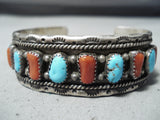 Signed Vintage Native American Navajo Turquoise Coral Sterling Silver Bracelet-Nativo Arts