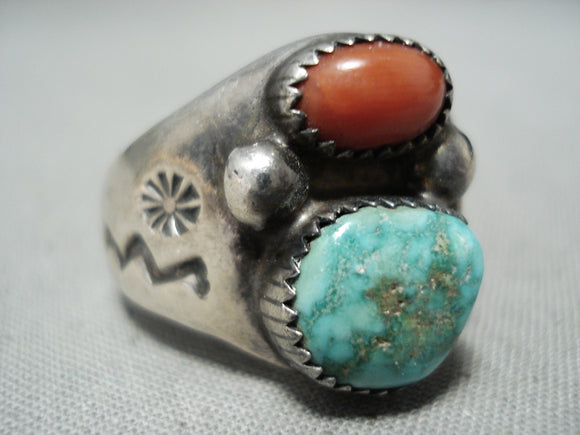 Fabulous Vintage Native American Navajo Coral Royston Turquoise Sterling Silver Ring-Nativo Arts