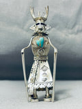 Very Intricate Detailed Vintage Native American Navajo Turquoise Sterling Silver Kachina Pin-Nativo Arts