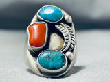 Astounding Vintage Native American Navajo Turquoise & Coral Sterling Silver Ring-Nativo Arts