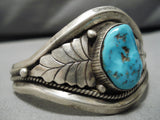 Superlative Vintage Native American Navajo Sleeping Turquoise Sterling Silver Leaf Bracelet Old-Nativo Arts