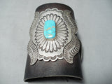 Magnificent Vintage Native American Navajo Kingman Turquoise Sterling Silver Bowguard Old-Nativo Arts
