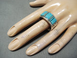Distinctive Navajo Native American Old Kingman Turquoise Sterling Silver Ring-Nativo Arts
