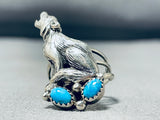 Unique Native American Navajo 2 Kingman Turquoise Sterling Silver Howling Coyote Huge Ring-Nativo Arts