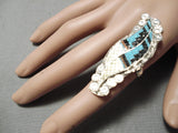 Huge Hand Carved Zuni Native American Turquoise Coral Sterling Silver Ring-Nativo Arts