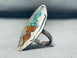 Detailed Vintage Native American Navajo Turquoise Coral Inlay Sterling Silver Ring Old-Nativo Arts