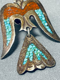 Exceptional Vintage Native American Navajo Turquoise Coral Chip Inlay Sterling Silver Pin-Nativo Arts