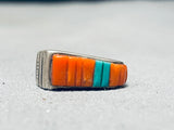 Spectacular Vintage Native American Navajo Coral Turquoise Inlay Sterling Silver Ring-Nativo Arts