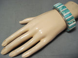 Thick Quality Vintage Native American Navajo Turquoise Riased Inlay Sterling Silver Bracelet-Nativo Arts