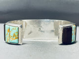 Signed Vintage Native American Navajo #8 Turquoise Sterling Silver Wood Inlay Bracelet-Nativo Arts