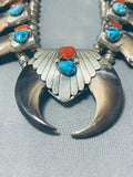 Important Vintage Native American Navajo Turquoise Bear Sterling Silver Squash Blossom Necklace-Nativo Arts