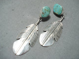 Signed Native American Navajo Royston Turquoise Sterling Silver Feather Earrings-Nativo Arts
