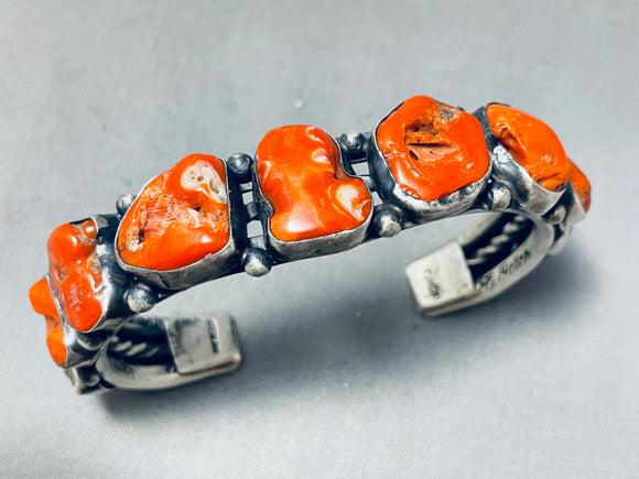 One Of The Chunkiest Ever Coral Vintage Native American Navajo Sterling Silver Bracelet-Nativo Arts