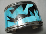 Native American One Of The Best Vintage Turquoise Sterling Silver Inlay Onyx Bracelet Old-Nativo Arts