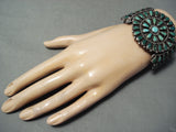 Opulent Vintage Native American Navajo Cerrillos Turquoise Sun Sterling Silver Bracelet Old-Nativo Arts